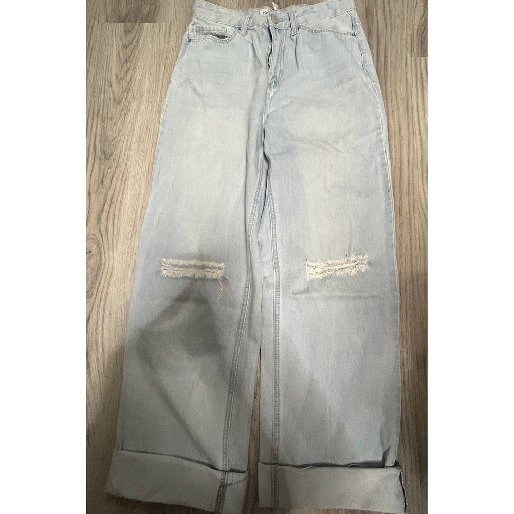 YMI Jeans USA Women Wide Leg Distressed Light Wash Denim‎ Jeans Size 9 29